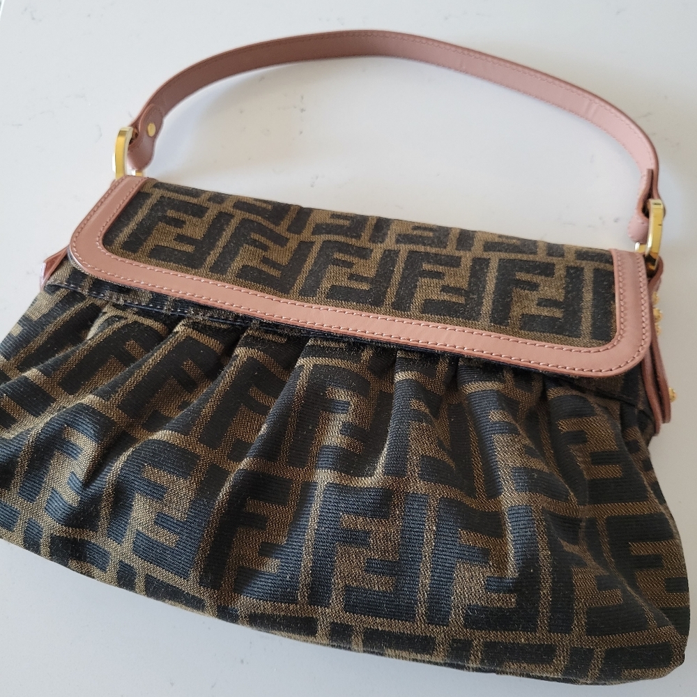Authentic Fendi Zucca Chef Bag Small Pink Leather Trim